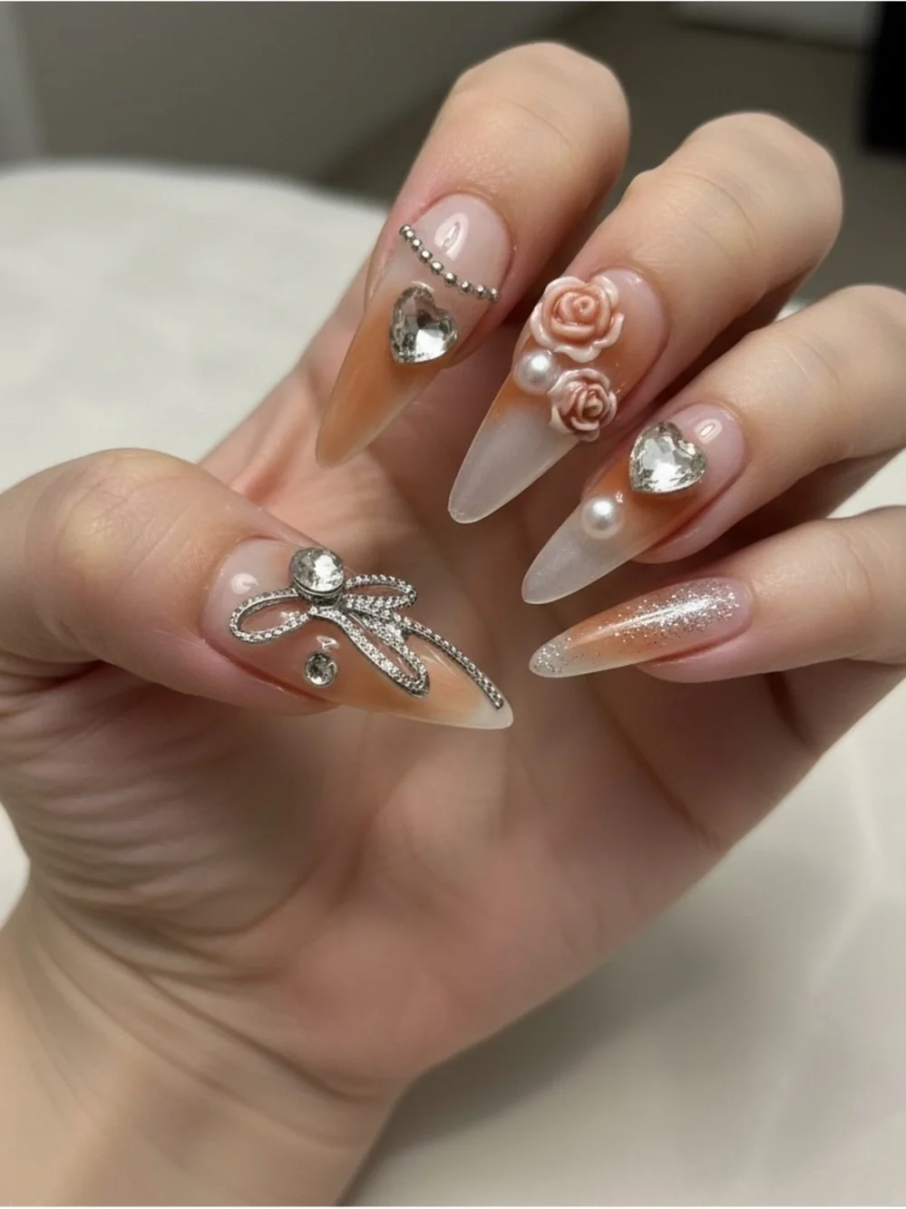 Elegant Nude and White Press-On Nails with Rhinestones
